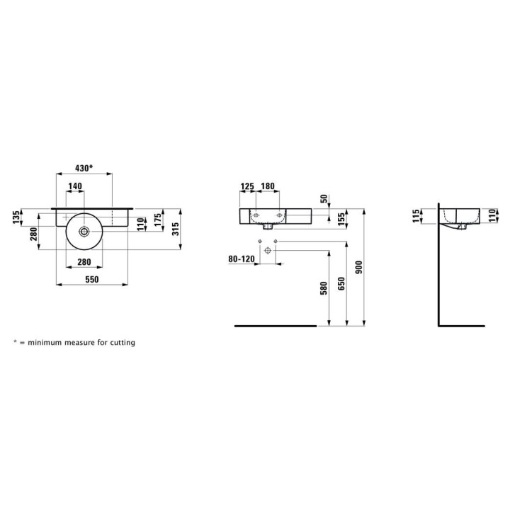 Umywalka ścienna Laufen Val, SaphirKeramik, 55x31,5cm, półka po prawej, bez otworu na baterię, biała
