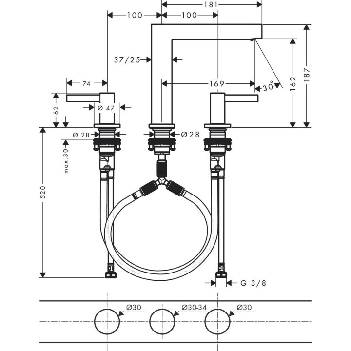 Bateria umywalkowa Hansgrohe Finoris, stojąca, jednouchwytowa, wysokość 182mm, komplet odpływowy, chrom
