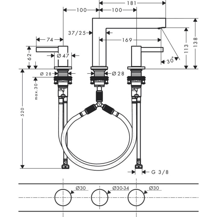 Bateria umywalkowa 3-otworowa Hansgrohe Finoris, stojąca, wysokość 187mm, komplet odpływowy push-open, chrom