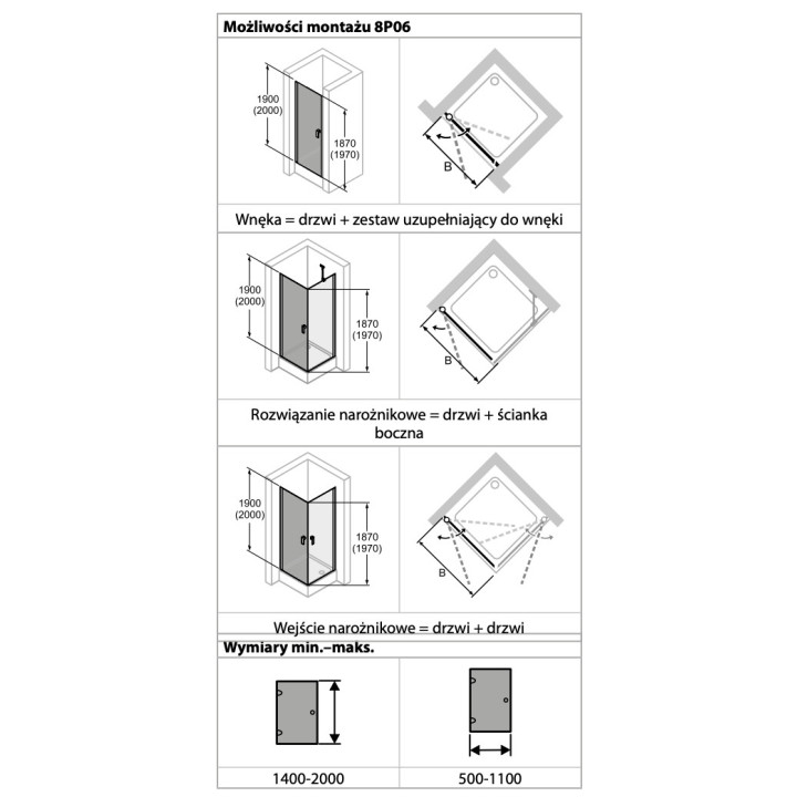 Drzwi skrzydłowe Huppe Design pure 4-kąt, 800mm, wahadłowe, uniwersalne, Anti-Plaque, profil chrom eloxal