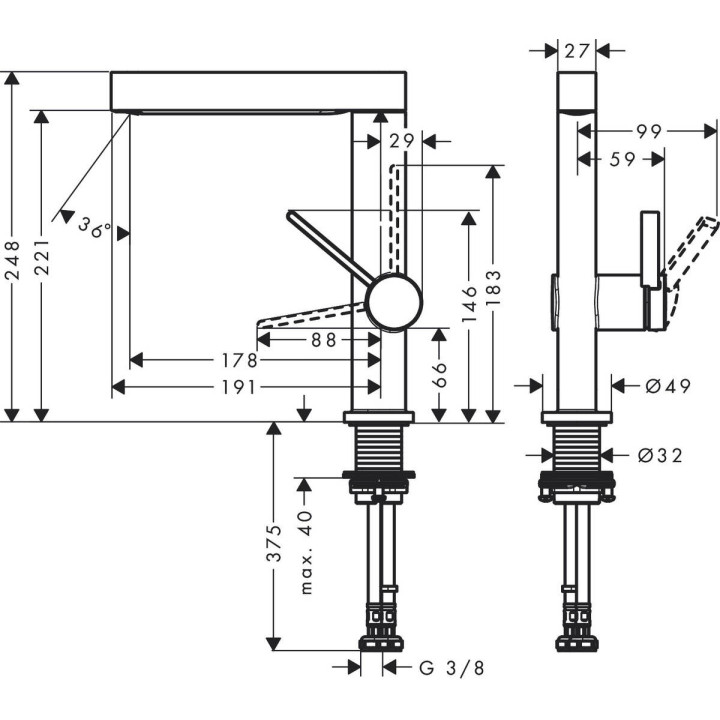 Bateria umywalkowa Hansgrohe Finoris, stojąca, obracana wylewka, wysokość 248mm, komplet odpływowy push-open, chrom