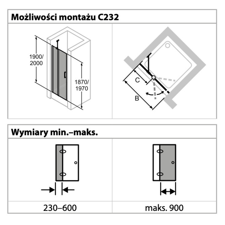 Drzwi skrzydłowe Huppe Design pure 4-kąt, 780x1900mm, uniwersalne, Anti-Plaque, profil srebrny mat