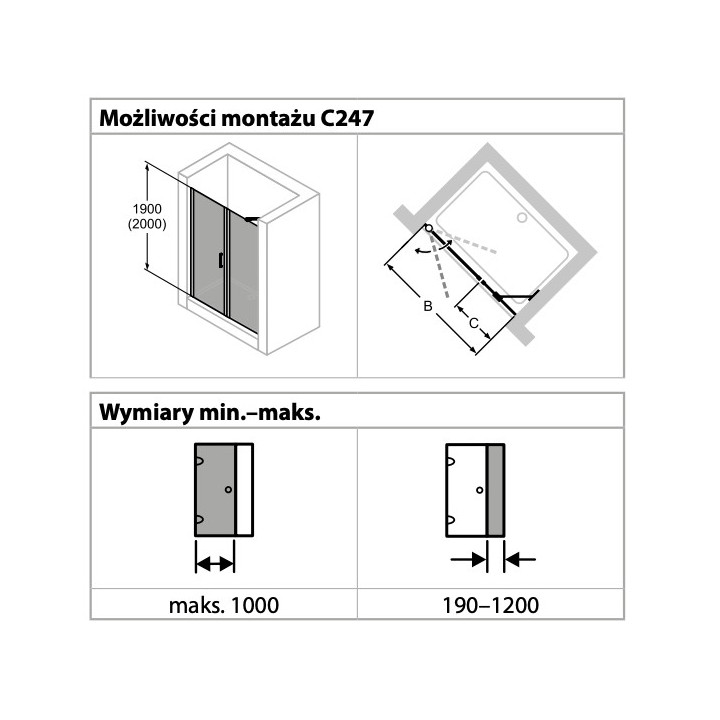 Drzwi skrzydłowe do wnęki Huppe Classic 2 4-kąt, 1200x1900mm, ze stałym fragmentem, uniwersalne, Anti-Plaque, profil srebrny poł