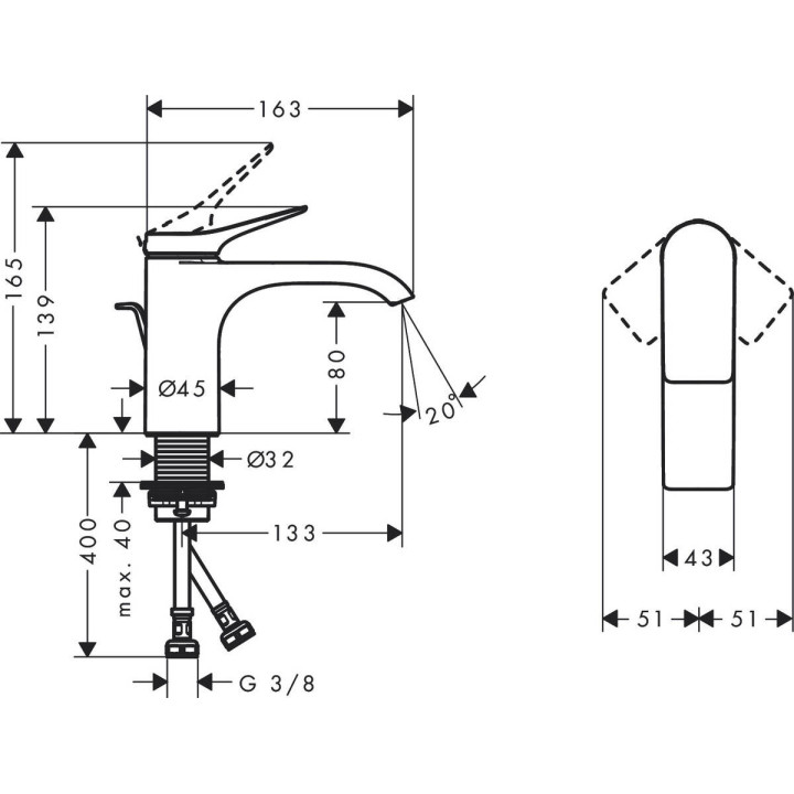 Bateria umywalkowa Hansgrohe Vivenis, stojąca, jednouchwytowa, wysokość 139mm, komplet odpływowy, chrom