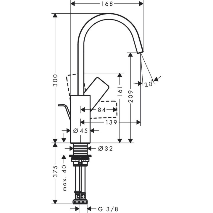 Bateria umywalkowa Hansgrohe Vivenis, stojąca, jednouchwytowa, wysokość 168mm, komplet odpływowy, chrom