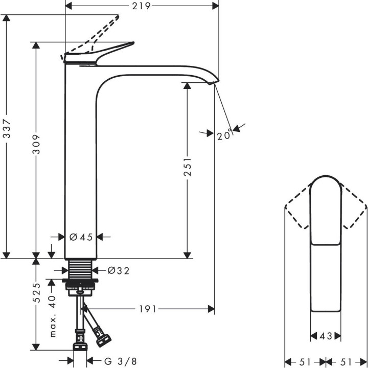 Bateria umywalkowa Hansgrohe Vivenis, stojąca, jednouchwytowa, wysokość 309mm, komplet odpływowy, chrom