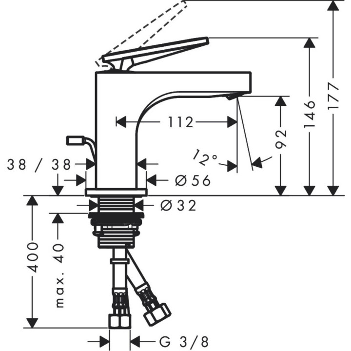Bateria umywalkowa Axor Citterio, stojąca, wysokość 342mm, uchwyt dźwigniowy, element odpływowy, chrom
