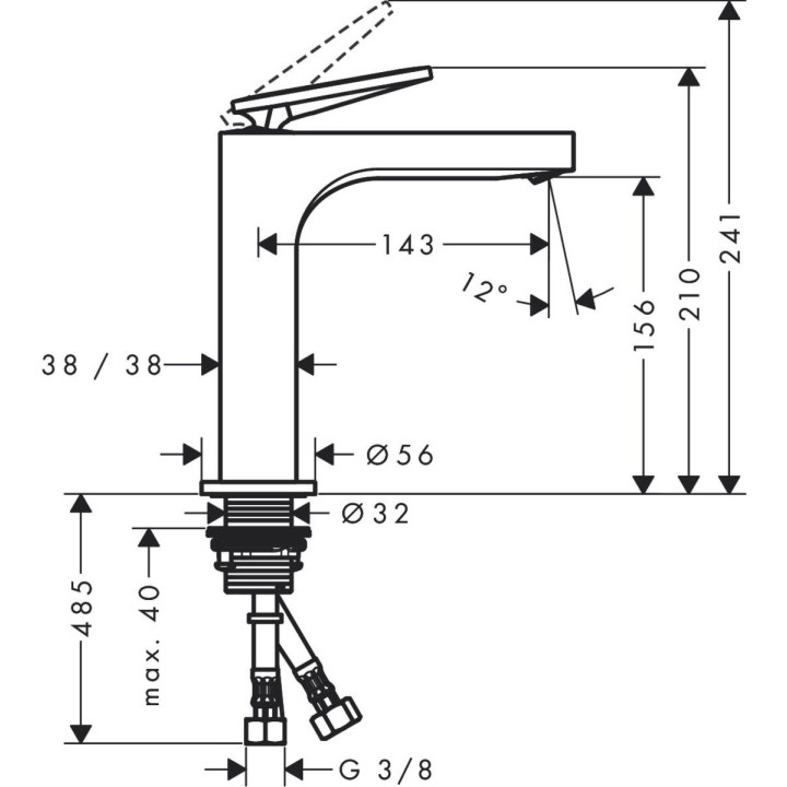 Bateria umywalkowa Axor Citterio, stojąca, wysokość 210mm, uchwyt dźwigniowy, komplet odpływowy push-open, szlif diamentowy, chr