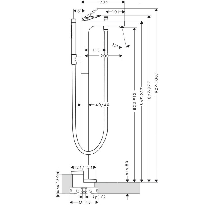 Bateria wannowa wolnostojąca Hansgrohe Vivenis, jednouchwytowa, 2 wyjścia wody, zestaw natryskowy, chrom