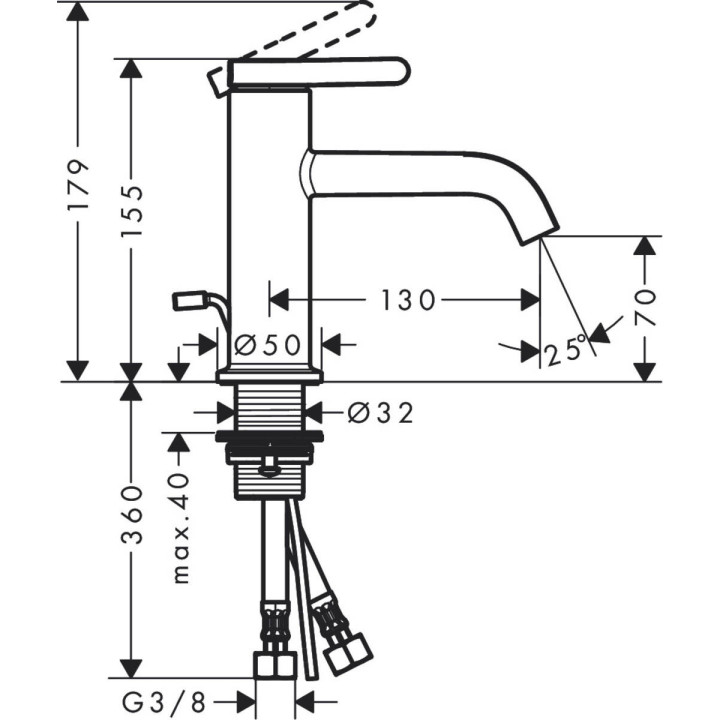 Bateria umywalkowa Axor One, stojąca, wysokość 155mm, uchwyt dźwigniowy, komplet odpływowy, chrom