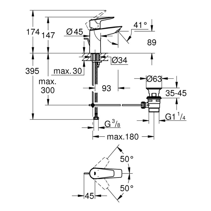 Bateria umywalkowa Grohe BauEdge, stojąca, wysokość 147mm, korek automatyczny, chrom