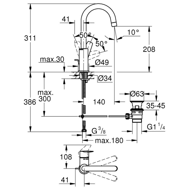 Bateria umywalkowa Grohe BauEdge, stojąca, wysokość 164mm, DN 15, rozmiar M, korek automatyczny, chrom