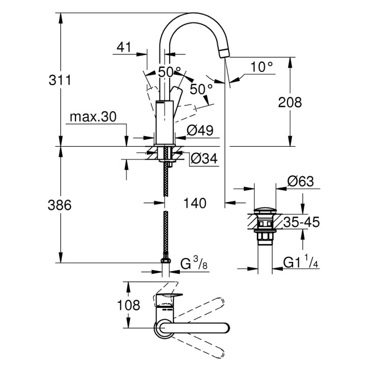 Bateria umywalkowa Grohe BauEdge, stojąca, wysokość 311mm, DN 15, rozmiar L, korek push-open, chrom