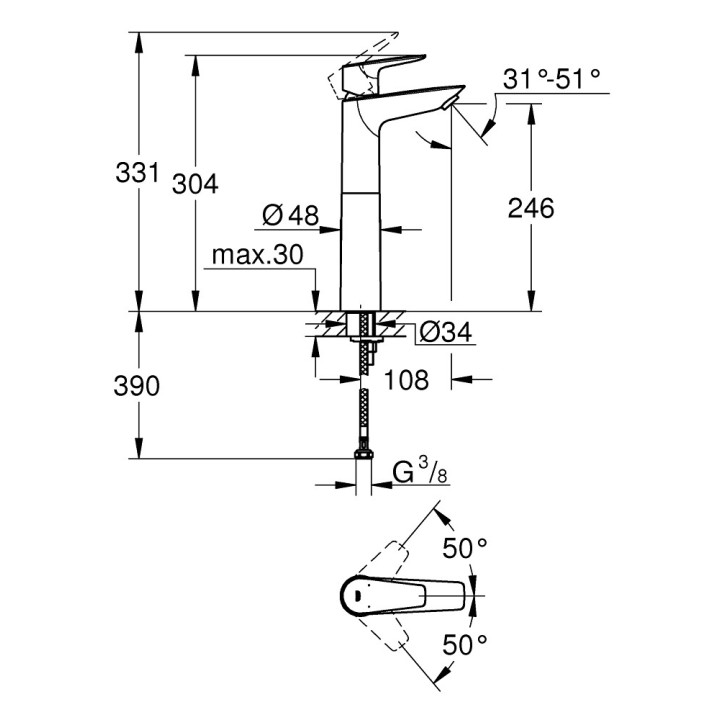 Bateria umywalkowa Grohe BauEdge, stojąca, wysokość 164mm, DN 15, rozmiar M, korek automatyczny, chrom