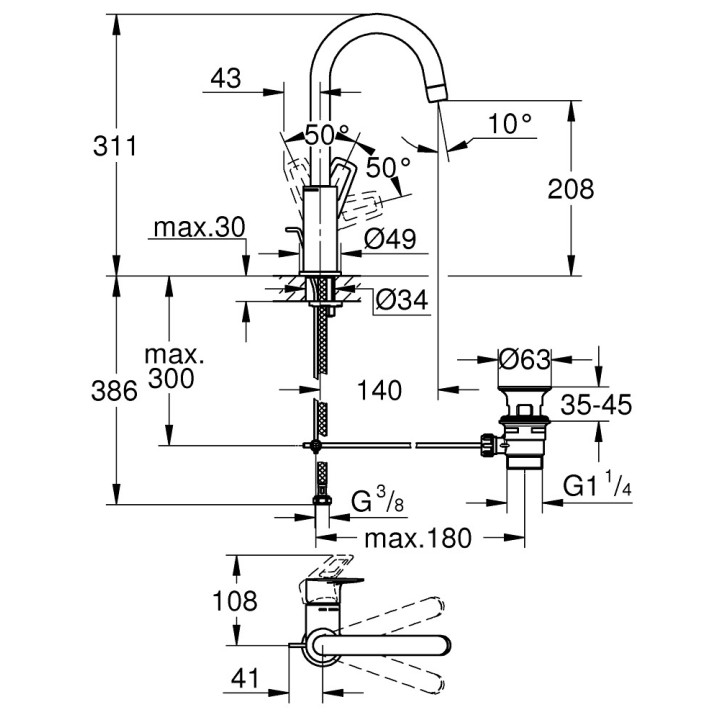 Bateria umywalkowa Grohe BauLoop, stojąca, wysokość 164mm, DN 15, rozmiar M, korek automatyczny, chrom