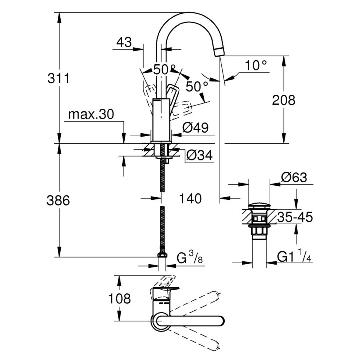 Bateria umywalkowa Grohe BauLoop, stojąca, wysokość 311mm, DN 15, rozmiar L, obracana wylewka, korek automatyczny, chrom