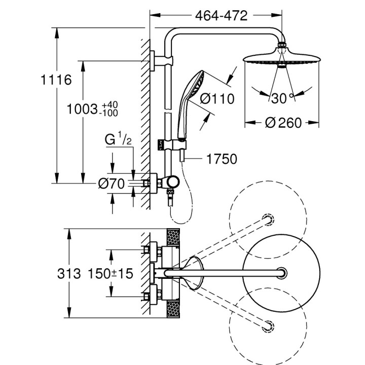 System prysznicowy Grohe Euphoria System 260, natynkowy, bateria termostatyczna, 2 wyjścia wody, chrom