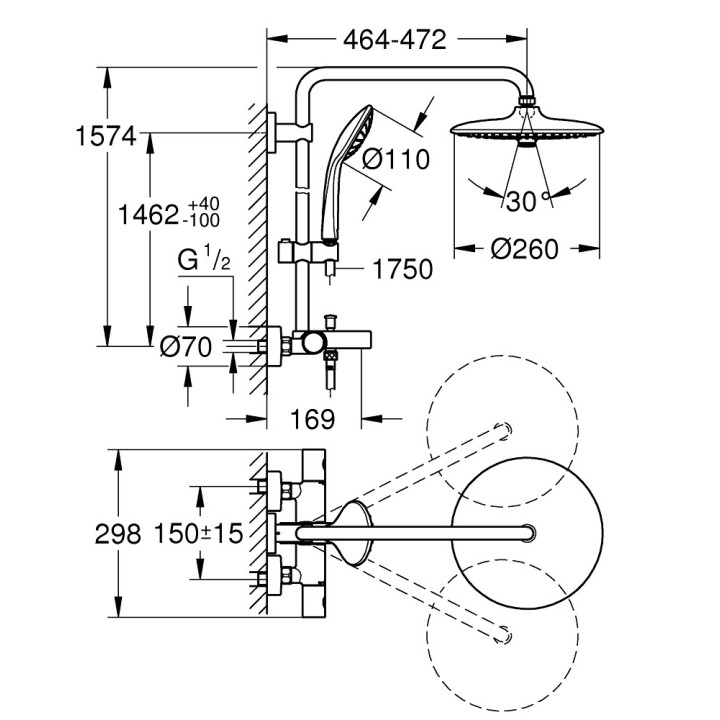 System prysznicowy Grohe Euphoria System 260, natynkowy, bateria termostatyczna, 2 wyjścia wody, chrom