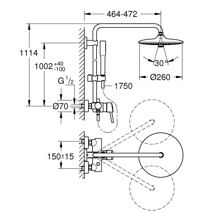 System prysznicowy Grohe Euphoria System 260, natynkowy, bateria jednouchwytowa, 2 wyjścia wody, chrom
