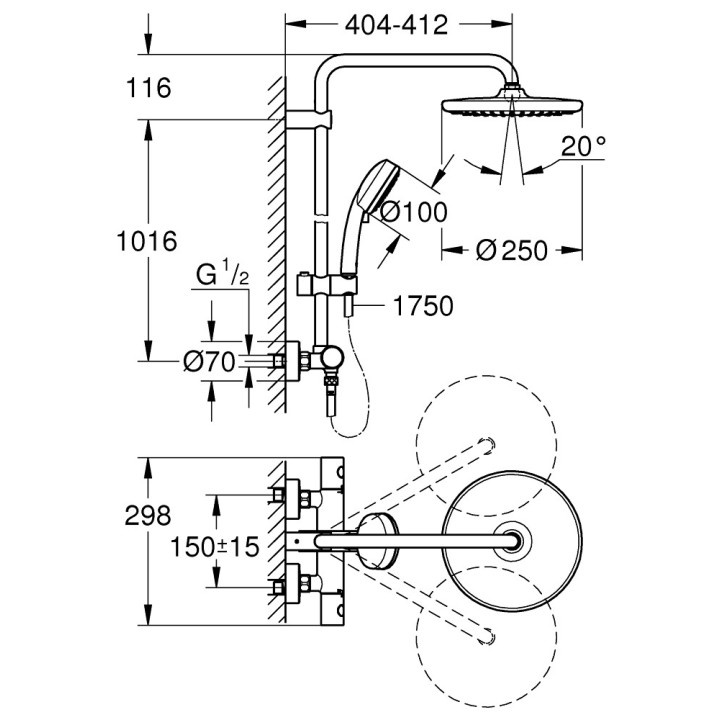 System prysznicowy Grohe Euphoria System 260, natynkowy, bateria termostatyczna, 2 wyjścia wody, chrom