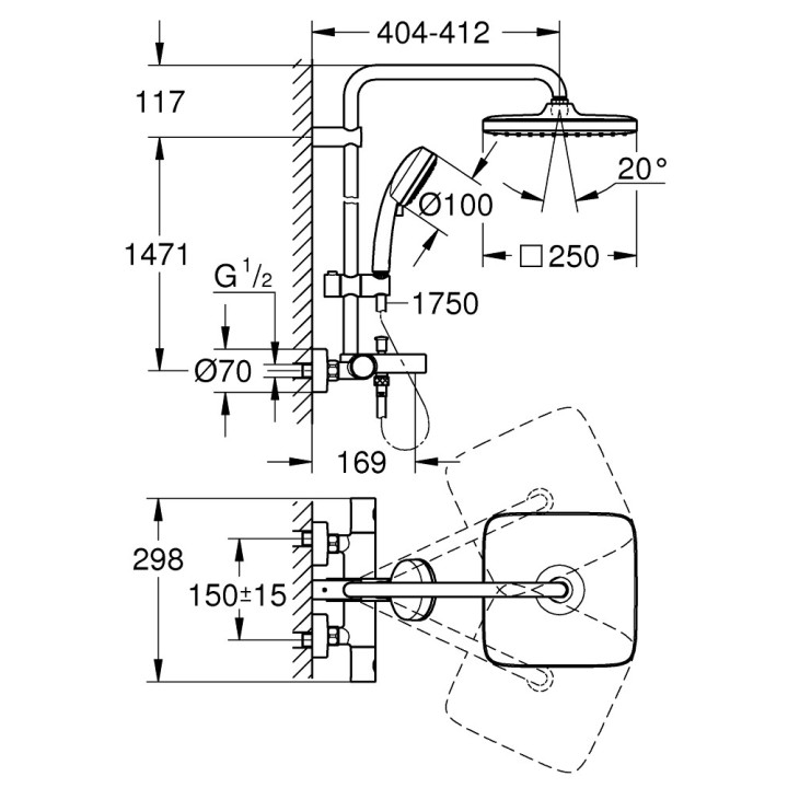 System wannowo-prysznicowy Grohe Tempesta System 250, natynkowy, bateria termostatyczna, 3 wyjścia wody, chrom