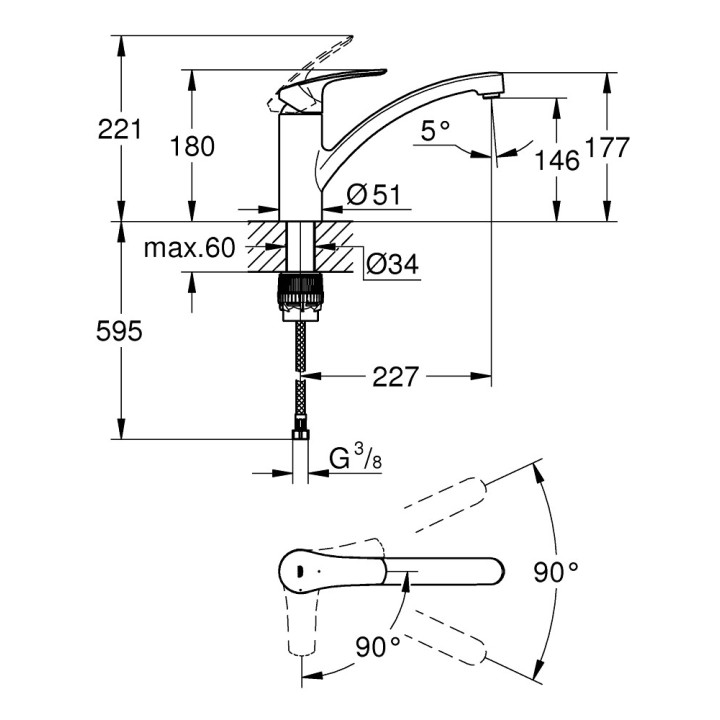 Bateria zlewozmywakowa Grohe Eurosmart, wysokość 180mm, DN 15, obracana wylewka 227mm, chrom