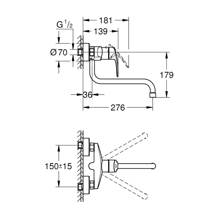 Bateria zlewozmywakowa Grohe Eurosmart, natynkowa, DN 15, obracana wylewka 150mm, chrom