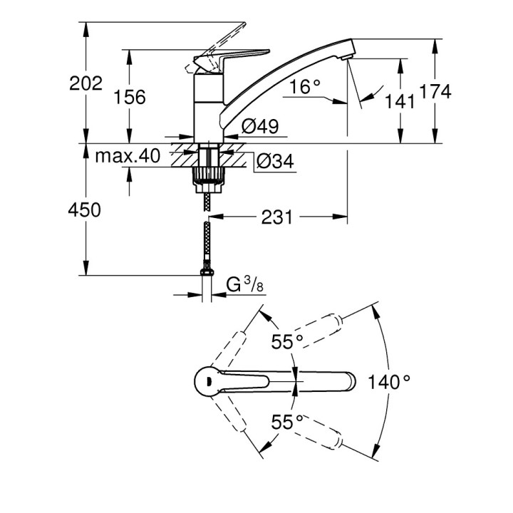 Bateria zlewozmywakowa Grohe BauEdge, wysokość 193mm, DN 15, obracana wylewka 222mm, chrom