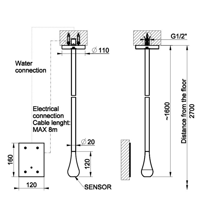 Zewnętrzna część baterii elektronicznej Gessi Goccia, wylewka sufitowa, sterowanie pod umywalką, chrom