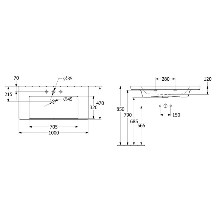 Umywalka meblowa Villeroy & Boch Subway 3.0, 100x47cm, bez przelewu, otwór na armaturę, Weiss Alpin