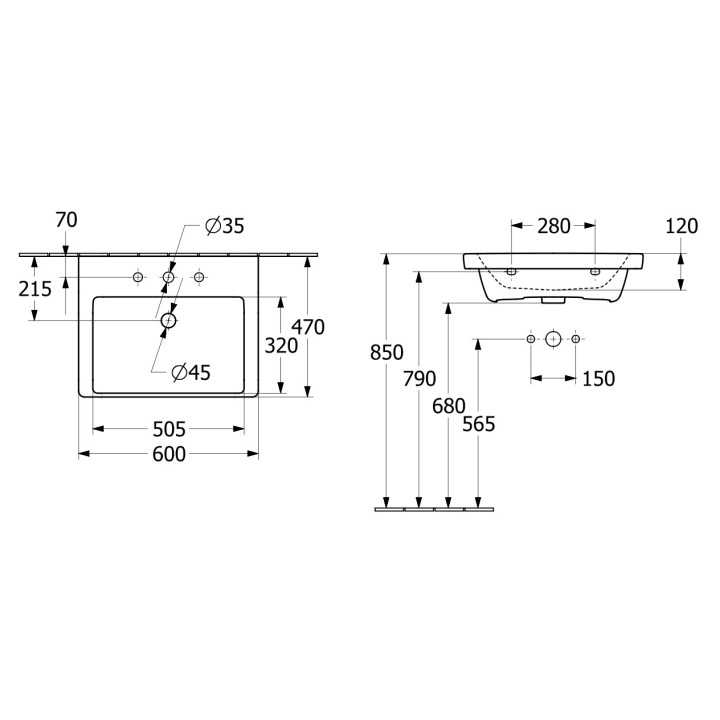 Umywalka meblowa Villeroy & Boch Subway 3.0, 65x47cm, bez przelewu, bez otworu na armaturę, Weiss Alpin