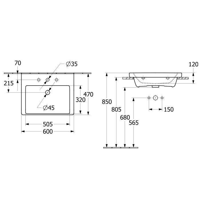 Umywalka meblowa Villeroy & Boch Subway 3.0, 60x47cm, z przelewem, otwór na armaturę, Weiss Alpin