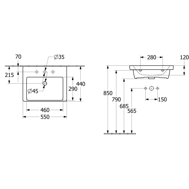 Umywalka meblowa Villeroy & Boch Subway 3.0, 60x47cm, z przelewem, otwór na armaturę, Weiss Alpin