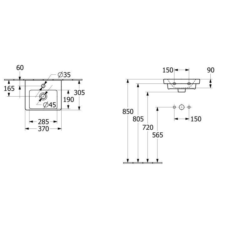 Umywalka wisząca/meblowa Villeroy & Boch Subway 3.0, 45x37cm, z przelewem, otwór na armaturę, Weiss Alpin