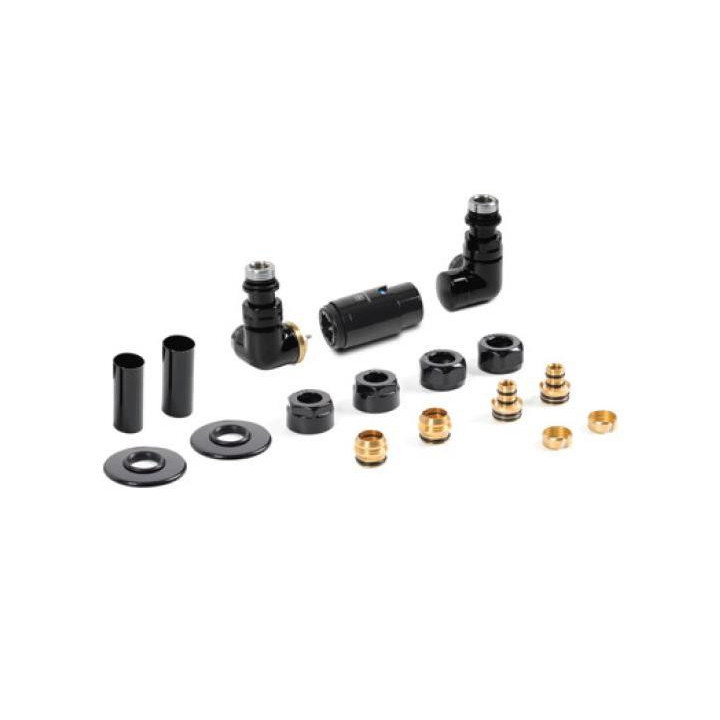 Zestaw trójosiowy termostatyczny kątowy Terma Vision All In One, prawy - czarny mat