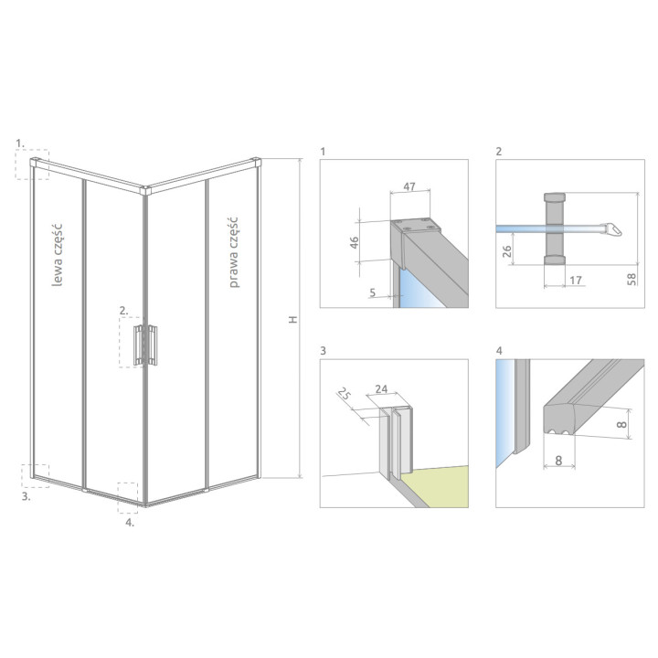 Kabina prysznicowa Radaway Nes 8 KDD II 80, część lewa, 800x2000mm, profil chrom