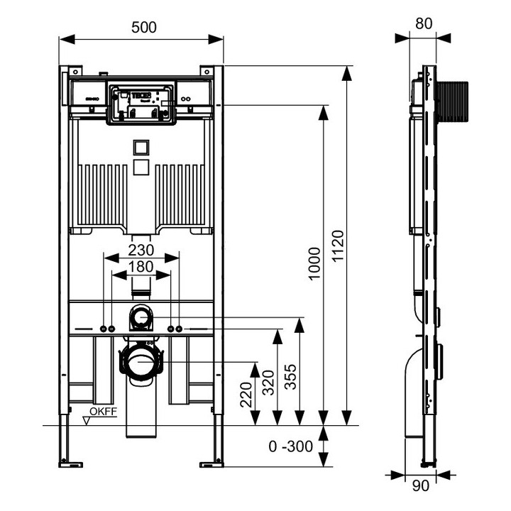 Uniwersalny stelaż podtynkowy WC TECEprofil, wysokość 1120mm, ze spłuczką uruchamianą z przodu