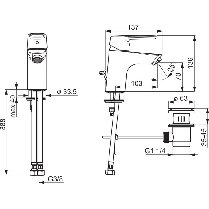 Bateria umywalkowa Oras Saga, stojąca, wysokość 136mm, wylewka 103mm, chrom