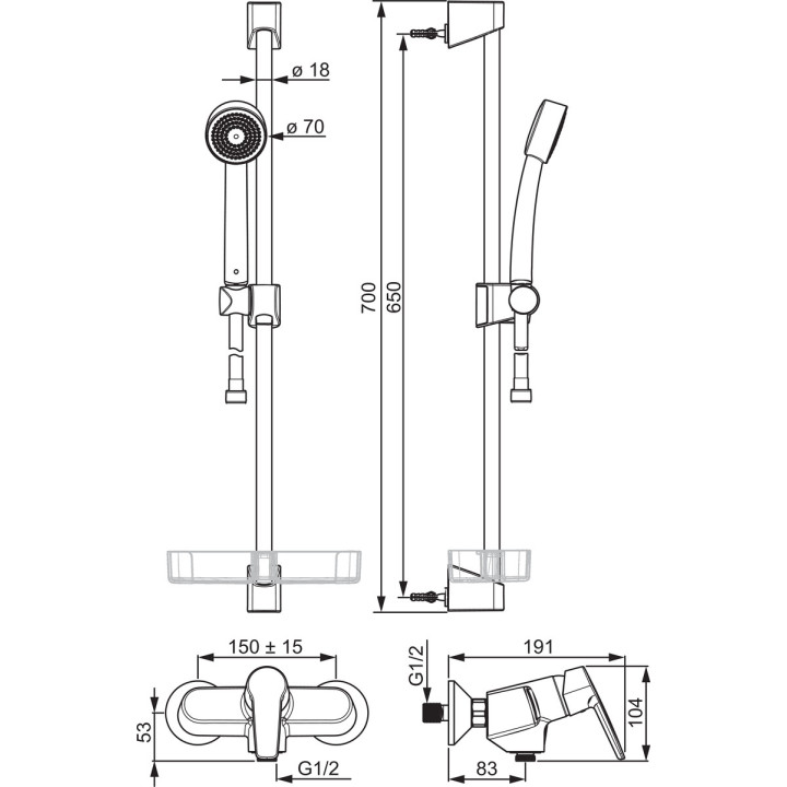 Bateria natryskowa Oras Saga, natynkowa, jednouchwytowa, chrom