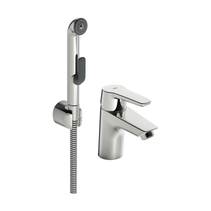 Bateria umywalkowa Oras Saga, stojąca, wysokość 136mm, wylewka 103mm, bez korka, z rączką natrysku Bidetta, chrom