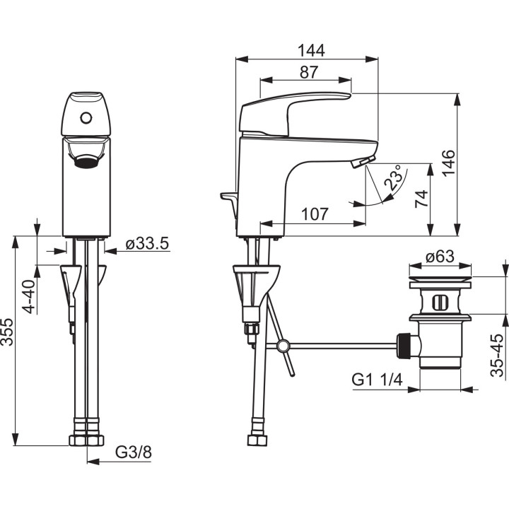 Bateria umywalkowa Oras Safira, stojąca, wysokość 146mm, wylewka 107mm, chrom
