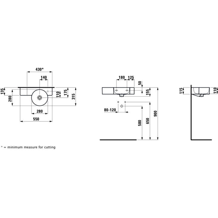 Umywalka ścienna Laufen Val, SaphirKeramik, 55x31,5cm, półka po prawej, bez otworu na baterię, biała