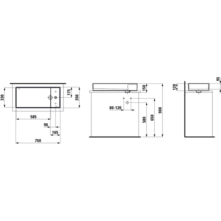 Umywalka nablatowa Laufen Kartell by Laufen, 75x35cm, ukryty odpływ, bez przelewu, bez otworu na baterię, biały mat