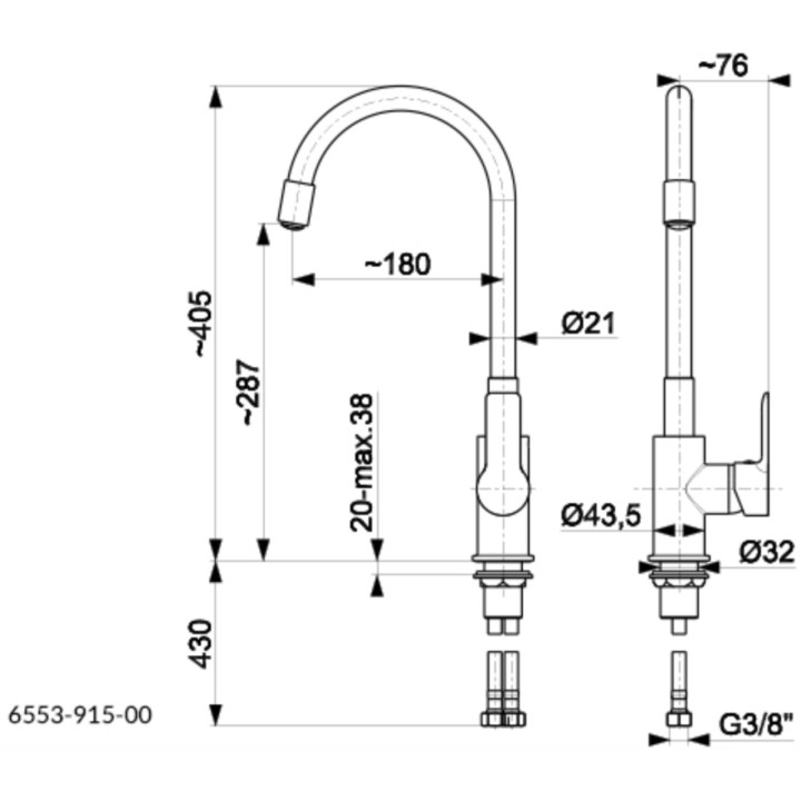 Bateria umywalkowa KFA Tanzanit, stojąca, wysokość 154mm, korek kilk-klak, chrom