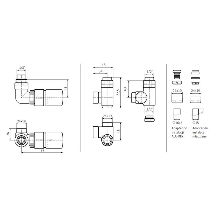 Zestaw trójosiowy termostatyczny kątowy Terma Vision All In One, lewy - chrom