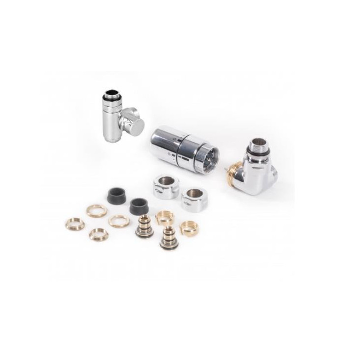 Zestaw trójosiowy termostatyczny kątowy Terma Vision All In One, lewy - chrom