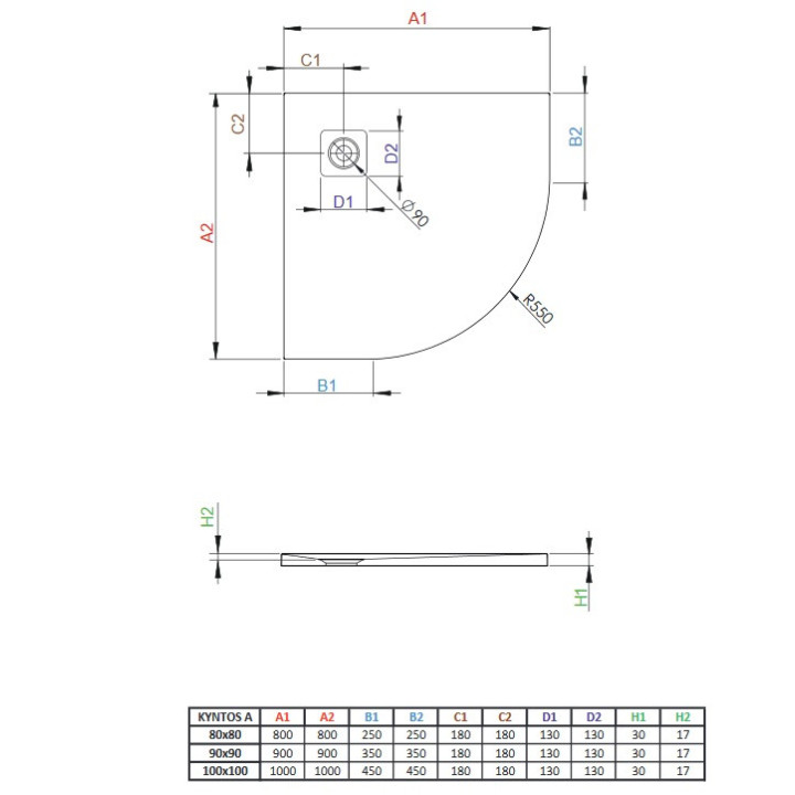 Brodzik Radaway Kyntos A, półokrągły, 80x80, konglomerat, antracyt