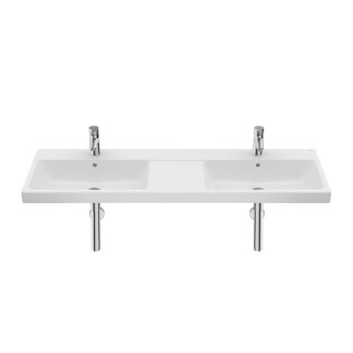 Umywalka ścienna podwójna Roca Gap, 140x46cm, 2 otwory na baterie, przelew, biała