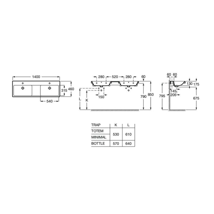 Umywalka ścienna podwójna Roca Gap, 140x46cm, 2 otwory na baterie, przelew, biała