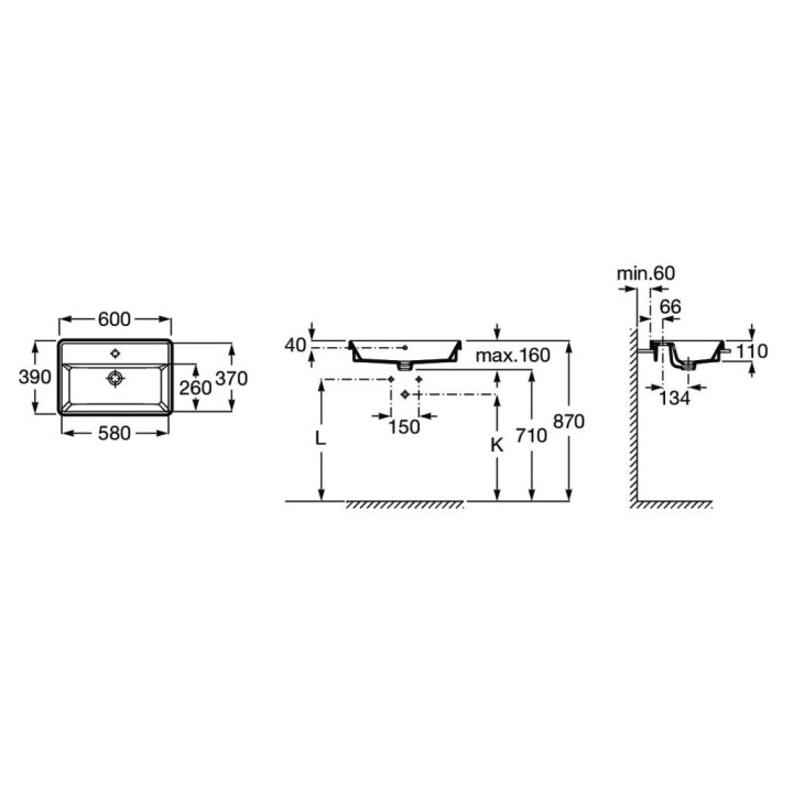 Umywalka wpuszczana w blat Roca Gap Square, 42x39cm, prostokątna, przelew, otwór na baterię, biała